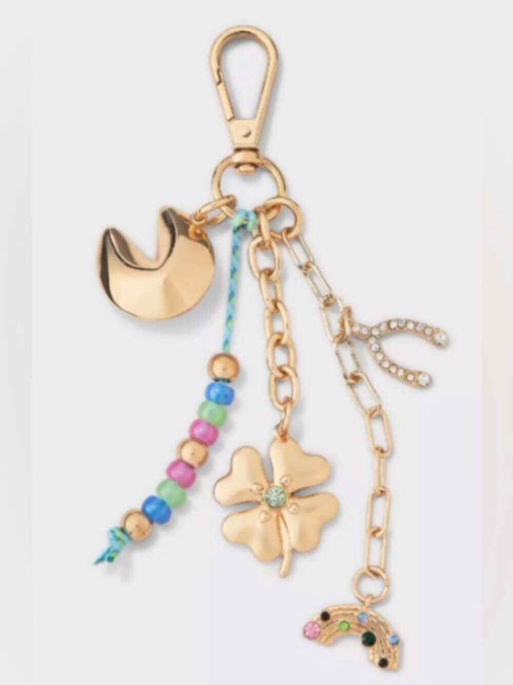 NWT Gold-Tone Wishbone Clover Bag Charm - A New Day - Shamrock Rainbow Fortune